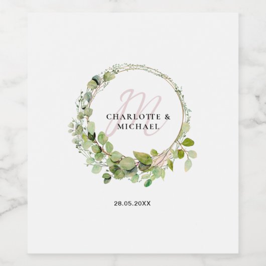 Einfache, elegante Eukalyptus-Hochzeit auf Monogra Weinetikett (Einzelnes Label)