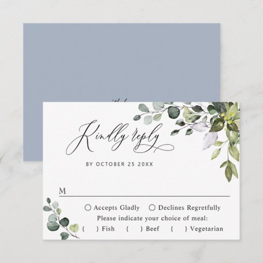 Einfache Elegante Eukalyptus - MEAL WÜNSCHE RSVP Karte (Vorne/Hinten)