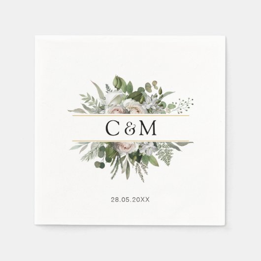 Einfache, elegante Eukalyptus Weiße Rosen Serviette (Vorderseite)