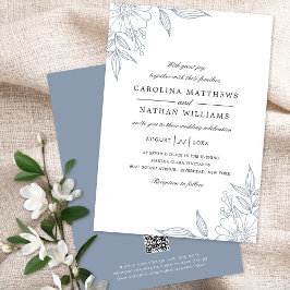 Einfache elegante Floral Corners Wedding Blue QR C Einladung
