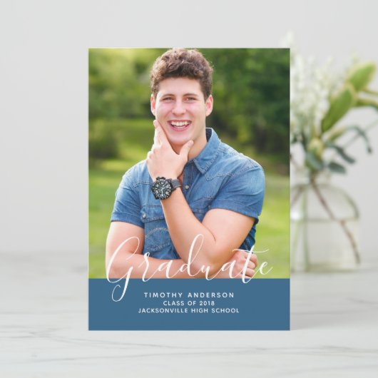 Einfache Elegante Foto Abschluss Vertikal | Blau Einladung (Stehend Vorderseite)