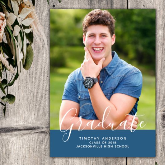 Einfache Elegante Foto Abschluss Vertikal | Blau Einladung