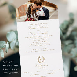 Einfache Elegante Foto Monogram Gold White Wedding All In One Einladung