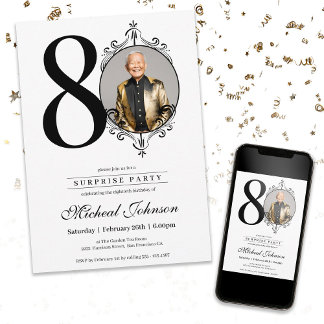 Einfache Elegante Foto Überraschung 80. Geburtstag Einladung