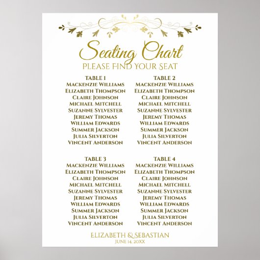 Einfache elegante Gold 4 Table Wedding Chart Poster (Vorne)