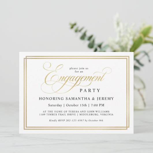 Einfache elegante Gold Calligrafy Engagement Party Einladung (Stehend Vorderseite)
