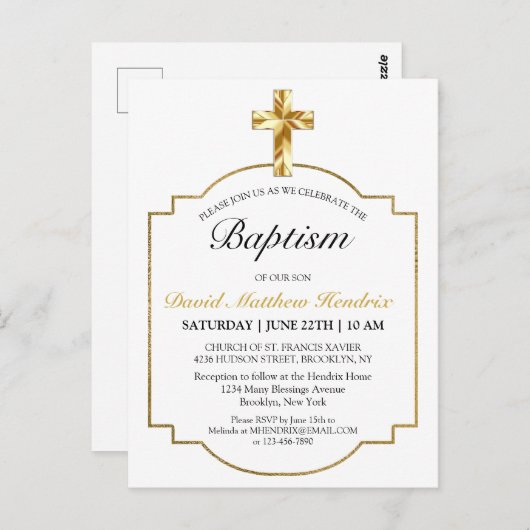 Einfache elegante Gold Cross Boys Taufe Postkarte (Vorne/Hinten)