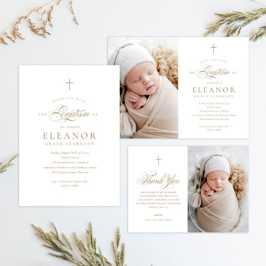 Einfache elegante Gold Cross Kalligraphie Taufe Einladung