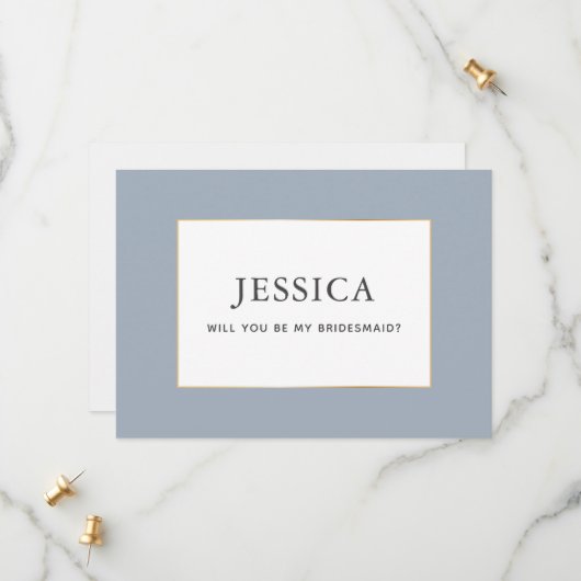 Einfache elegante Gold Dusty Blue Bridesmaid Card Save The Date (Vorderseite/Rückseite Beispiel)