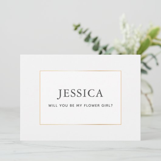 Einfache Elegante Gold Flower Girl Vorschlag Card Save The Date (Stehend Vorderseite)