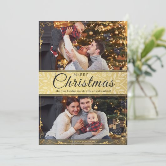 Einfache Elegante Gold Frame 2 Foto Weihnachten (Stehend Vorderseite)