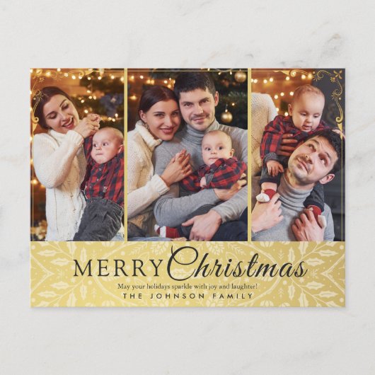 Einfache Elegante Gold Frame 3 Foto Weihnachten (Vorderseite)