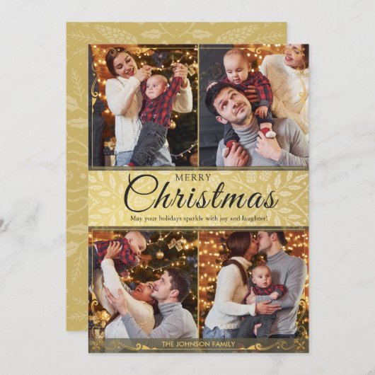 Einfache Elegante Gold Frame 4 Foto Weihnachten (Vorne/Hinten)
