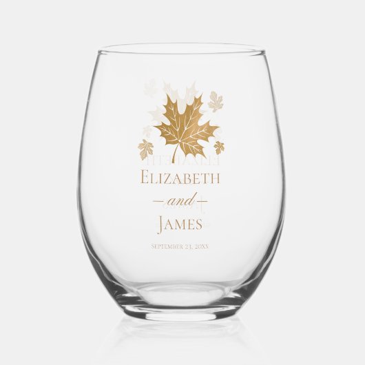 Einfache, elegante Gold Herbstlaube Custom Wedding Weinglas Ohne Stiel (Rückseite)
