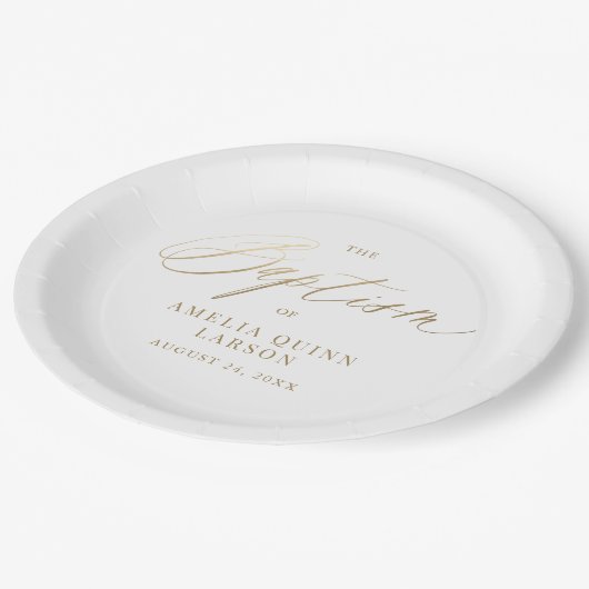 Einfache elegante Gold-Kalligrafie-Script-Taufe Pappteller (Schrägansicht)