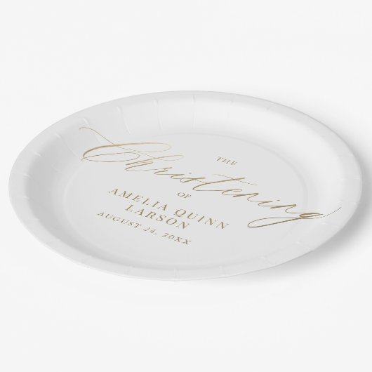 Einfache elegante Gold-Kalligrafie-Script-Taufe Pappteller (Schrägansicht)