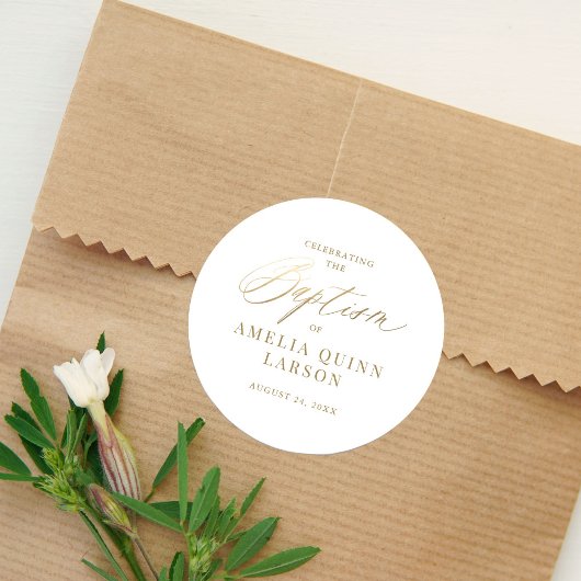 Einfache elegante Gold-Kalligrafie-Script-Taufe Runder Aufkleber