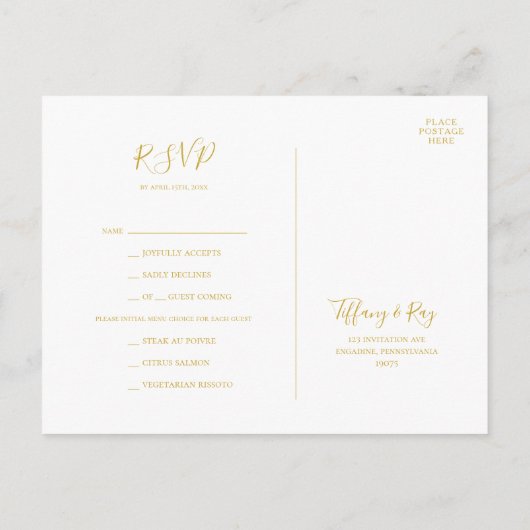 Einfache Elegante Gold Menü Auswahl RSVP Karte (Rückseite)