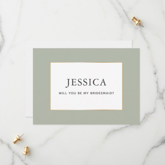 Einfache elegante Gold Sage Green Bridesmaid Card Save The Date (Vorderseite/Rückseite Beispiel)