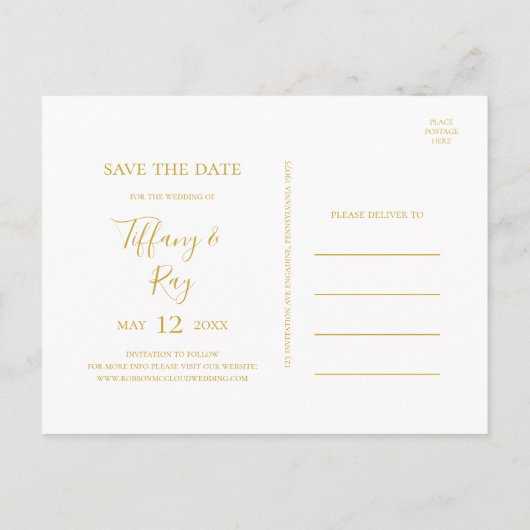 Einfache Elegante Gold Save the Date Postkarte (Rückseite)