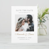 Einfache elegante Gold Script-Foto-Verlobung Save The Date (Stehend Vorderseite)