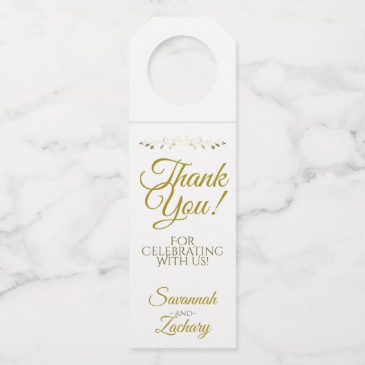 Einfache elegante Gold & White Wedding Vielen Dank Flaschenanhänger (Vorderseite)