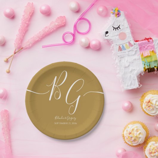 Einfache Elegante Goldene Initialen Hochzeit Pappteller (Party)