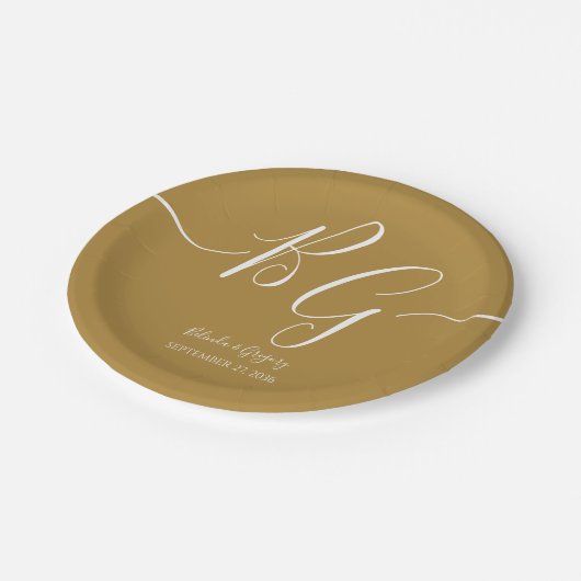 Einfache Elegante Goldene Initialen Hochzeit Pappteller (Schrägansicht)