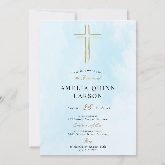 Einfache elegante Goldkreuztaufe Einladung (Vorderseite)