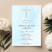Einfache elegante Goldkreuztaufe Einladung