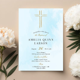 Einfache elegante Goldkreuztaufe Einladung