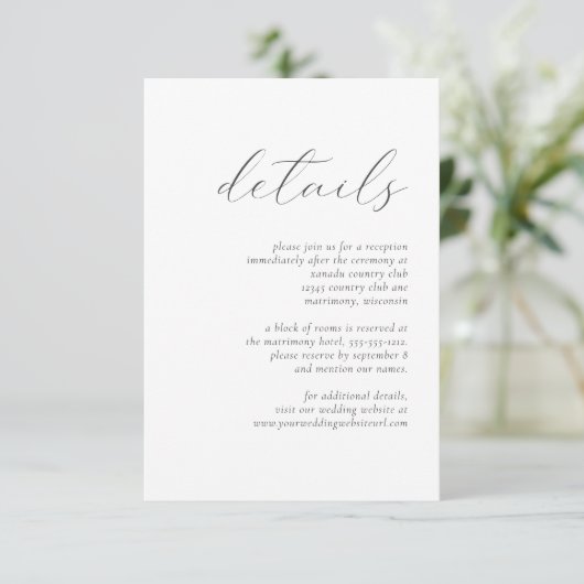 Einfache Elegante Graue Script-Hochzeitdetails Begleitkarte (Stehend Vorderseite)