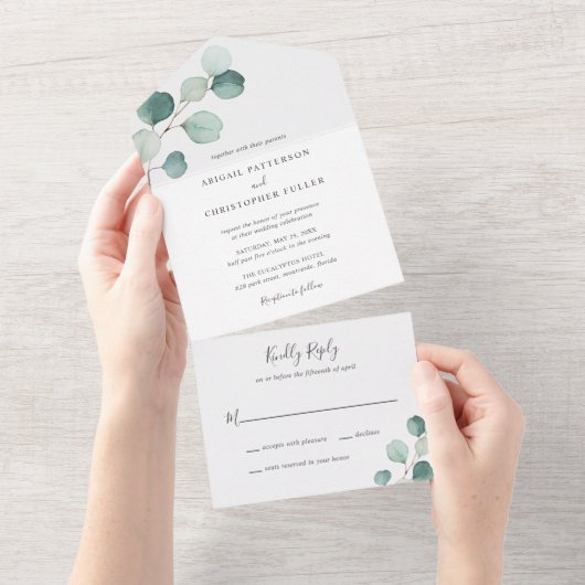 Einfache Elegante Grüne Rustikale Eukalyptus Weddi All In One Einladung (Abreißen)