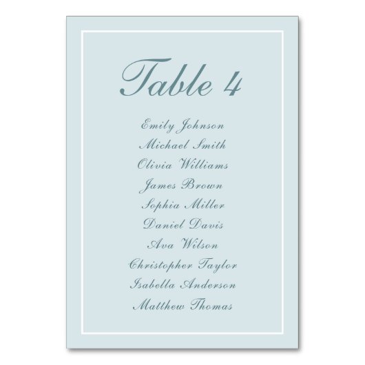 Einfache, elegante, hellblaue Sitzkarte Tischnummer (Rückseite)