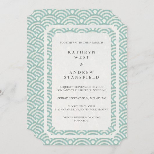 Einfache, elegante Hochzeit am Meer, Grün und Weiß Einladung (Vorne/Hinten)