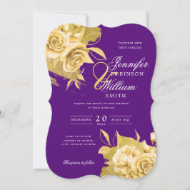 Einfache Elegante Hochzeit Gold Floral & Foil Lila Einladung