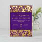 Einfache, elegante Hochzeit mit Gold und Lila Viol Folieneinladung (Stehend vorne)