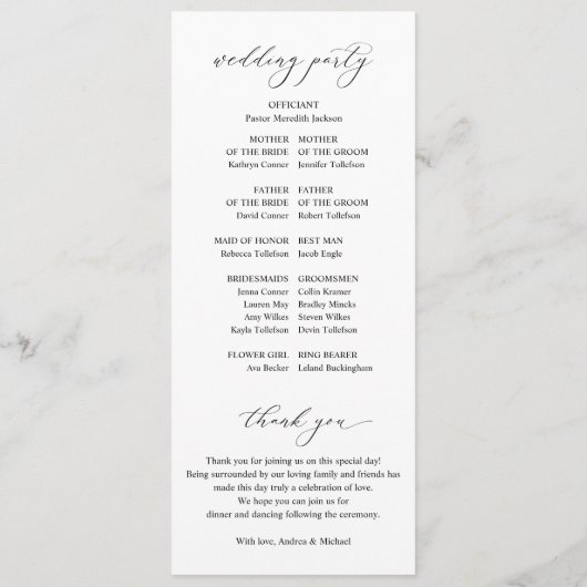 Einfache, elegante Hochzeit Programm (Rückseite)