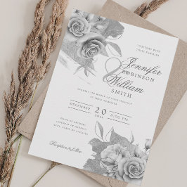 Einfache Elegante Hochzeit Silver Floral & Foil Einladung