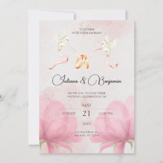 Einfache elegante Hochzeitsfeier mit rosa, florale Einladung (Vorderseite)