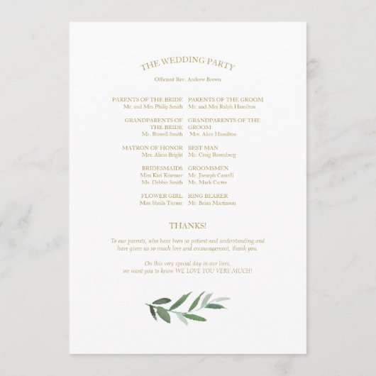 Einfache Elegante Hochzeitsfeiern Programm (Rückseite)