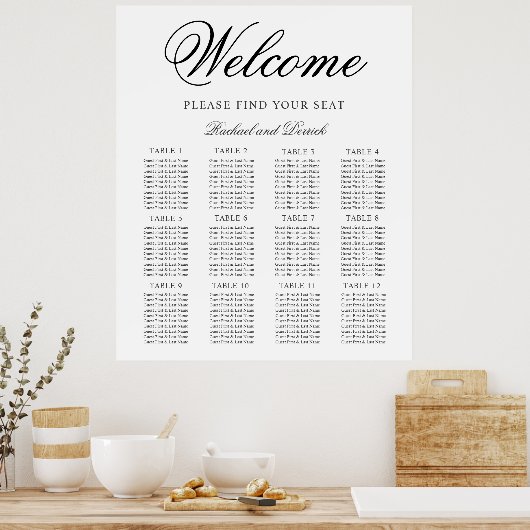 Einfache elegante Hochzeitskarte für 12 Tische Poster (Küche)