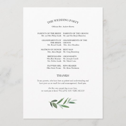 Einfache elegante Hochzeitsprogramme im Grünen Programm (Rückseite)