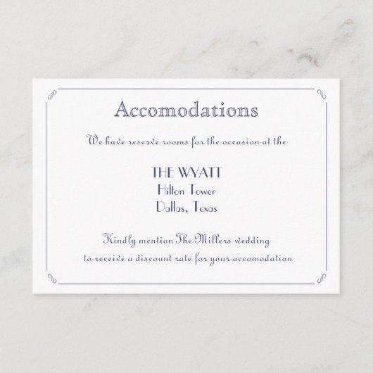 Einfache elegante Hochzeitsunterkunft in Navy Blue Begleitkarte (Vorderseite)