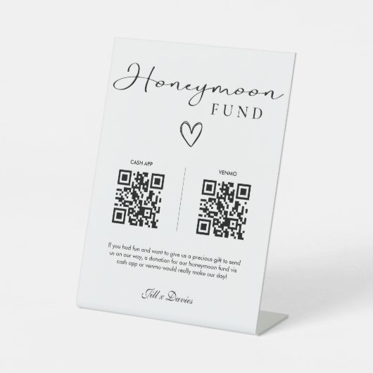 Einfache Elegante Honeymoon Fund QR Code Wedding Sockelschild (Vorderseite)