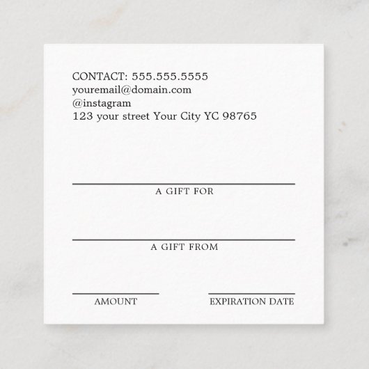 Einfache Elegante Imitate Silbergeschenkzertifikat Quadratische Visitenkarte (Rückseite)