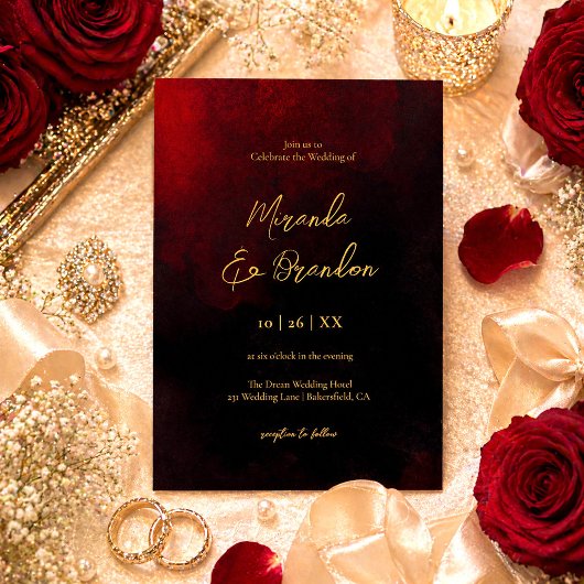 Einfache Elegante Imitats Gold Script Red Black We Einladung