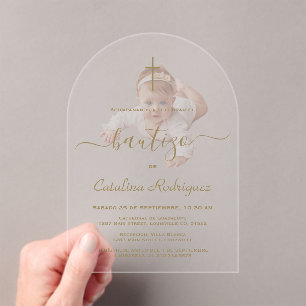 Einfache elegante Kalligrafie Baby-Foto-Taufe Acryleinladungen