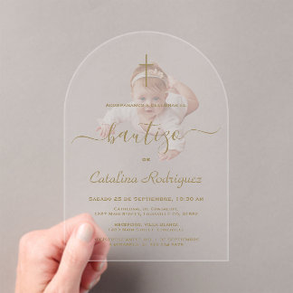 Einfache elegante Kalligrafie Baby-Foto-Taufe  Acryleinladungen