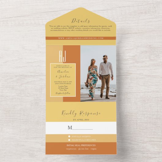 Einfache Elegante Kalligraphie Monogram Wedding All In One Einladung (Innen Boden)